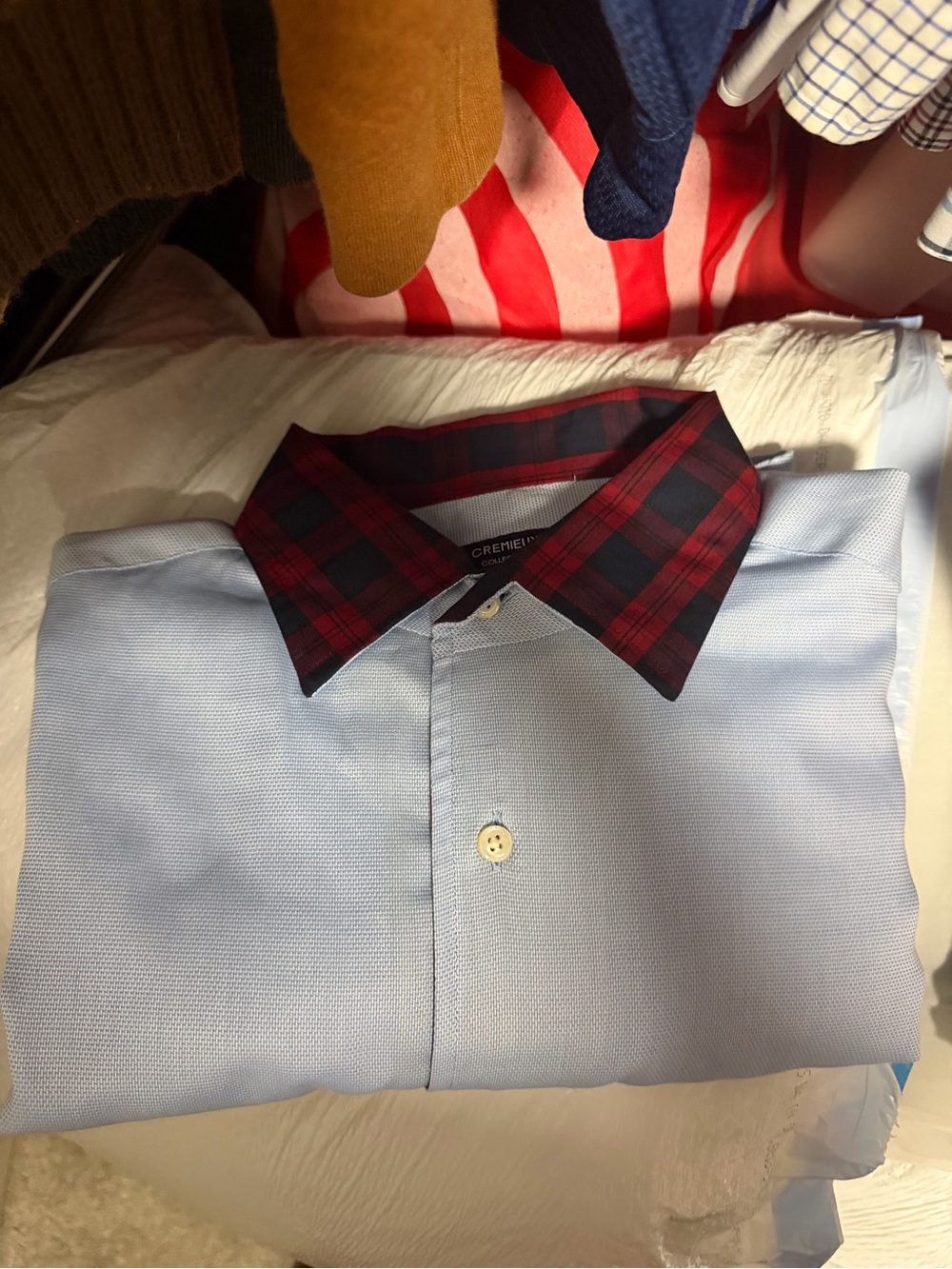 Daniel Cremieux Light Blue Dress Shirt with Red & Black Plaid Collar
